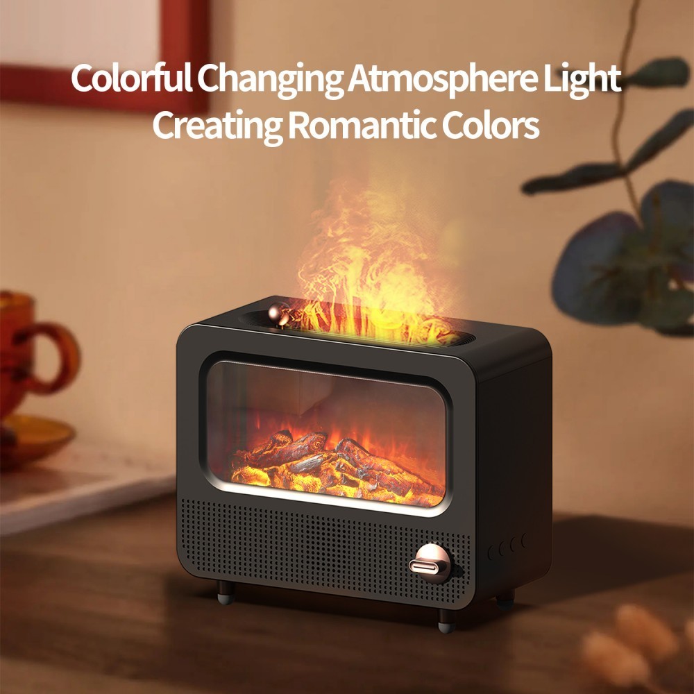 Humidificador de aire con llama de ruido blanco, chimenea Retro, Bluetooth, reproducción de música, aceite esencial, difusor de aromaterapia, iluminación colorida