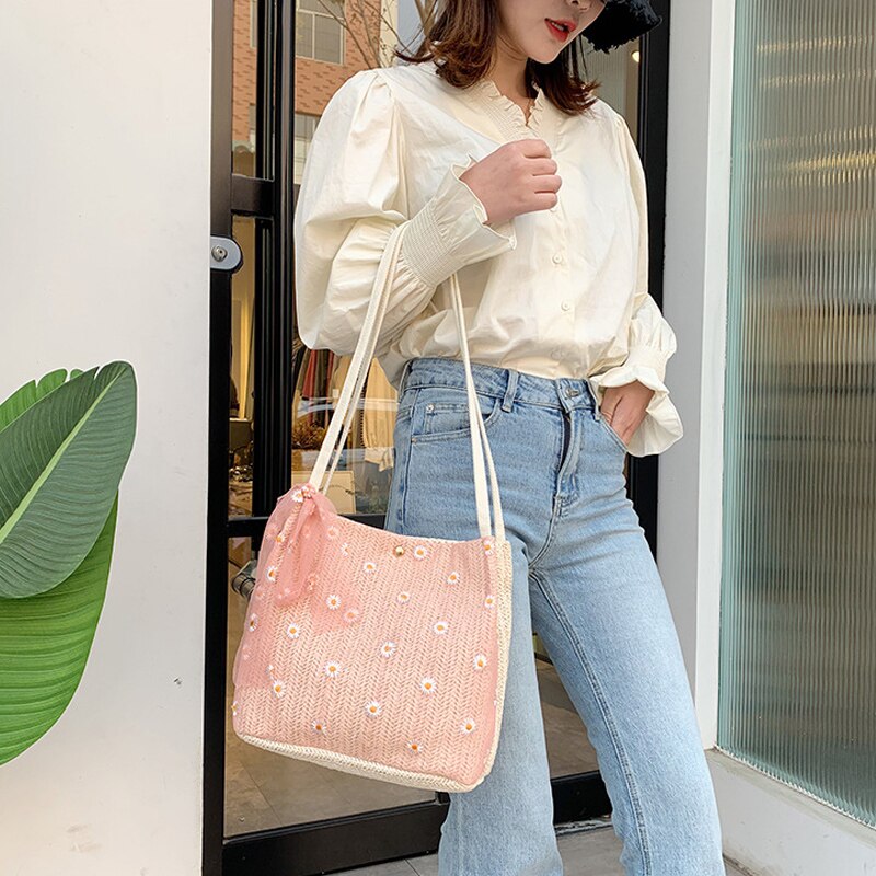 Casual laço floral rattan baldes sacos de vime tecido feminino sacos de ombro senhora bolsas praia verão palha saco grande capacidade tote