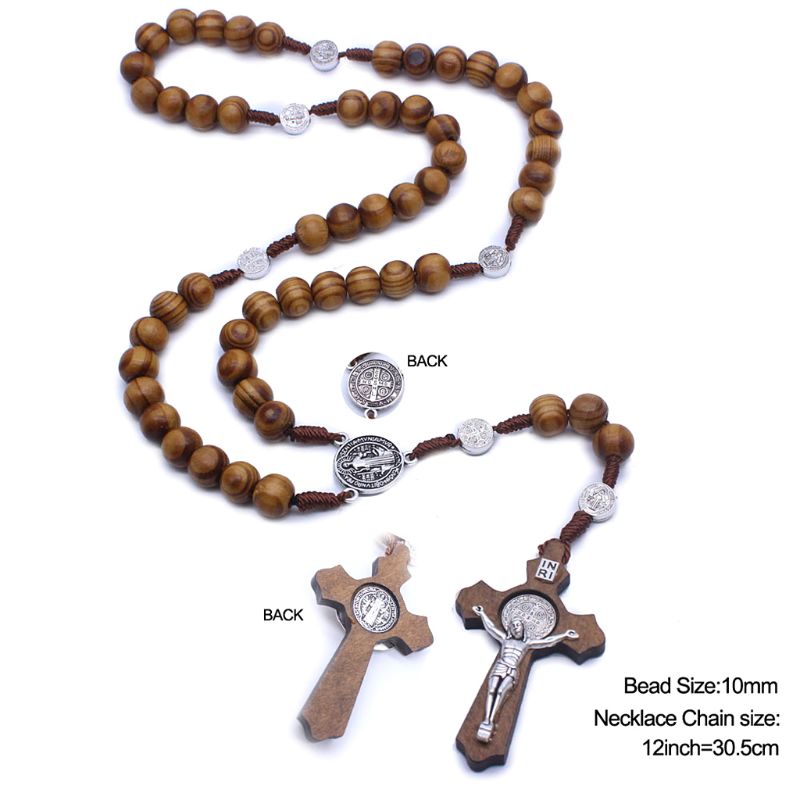 Handgemaakte Ronde Bead Katholieke Rozenkrans Kruis Religieuze Hout Kralen Mannen Ketting Charm 090C