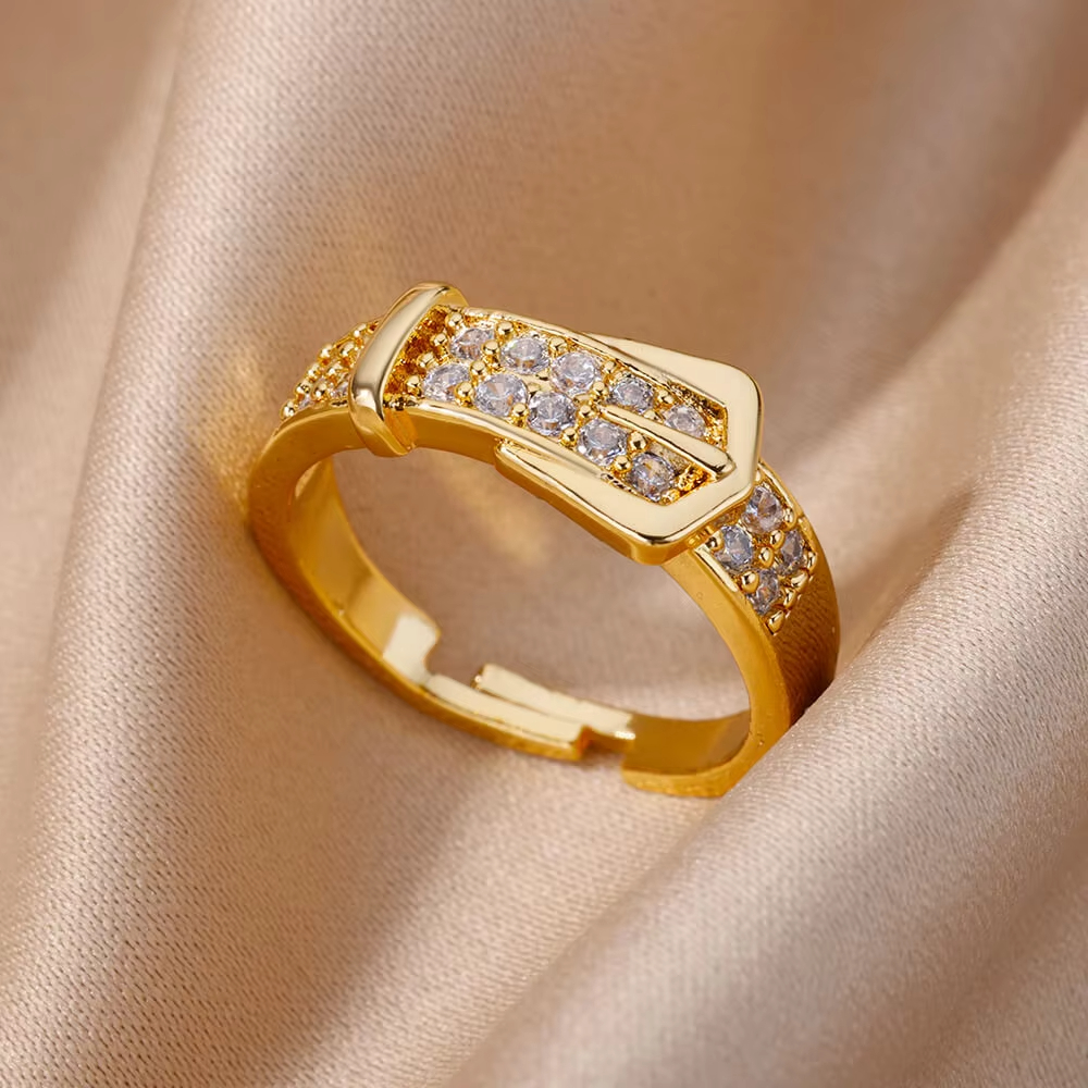 Anillos geométricos de circón de lujo para mujer, anillo abierto de acero inoxidable de Color dorado, joyería estética para de boda a la , para mujer