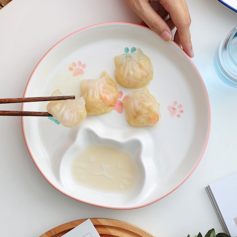 Home Ceramic Dinner Plate Cute Cat Child Food Supplement With Dipping Dish Dumpling Breakfast Plate Restaurant Utensils
