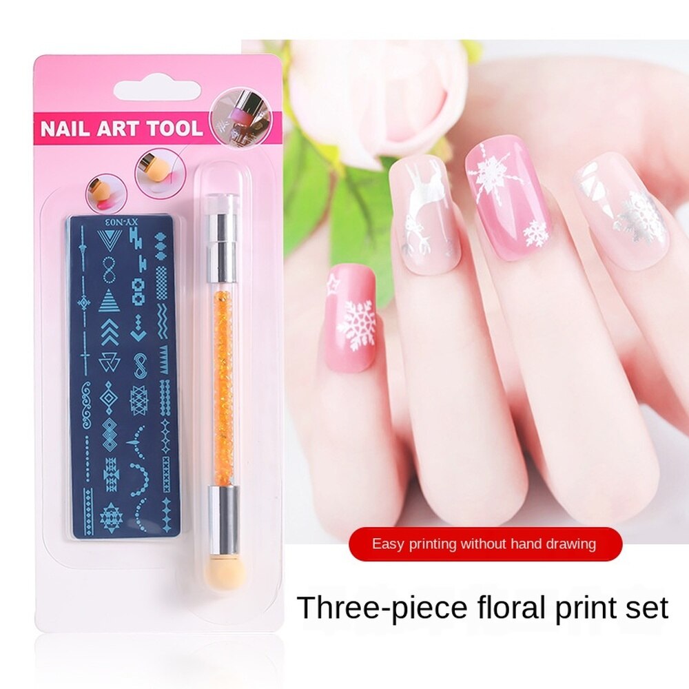 Juego de plantillas de impresión para manicura, raspador de sello de placa de acero para impresión de manicura, esponja de silicona, bolígrafo de halo, herramienta