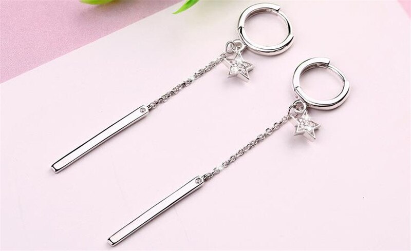 Trendy Silver 925 Earrings Female Accessories Bright Crystal Star Long Earring For Women Jewelry Lady Birthday