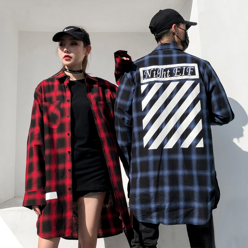 Extra lange Hip hop Plaid shirts voor mannen lange mouw voor paar Rood Blauw Geel Zwart Zomer Lente Herfst