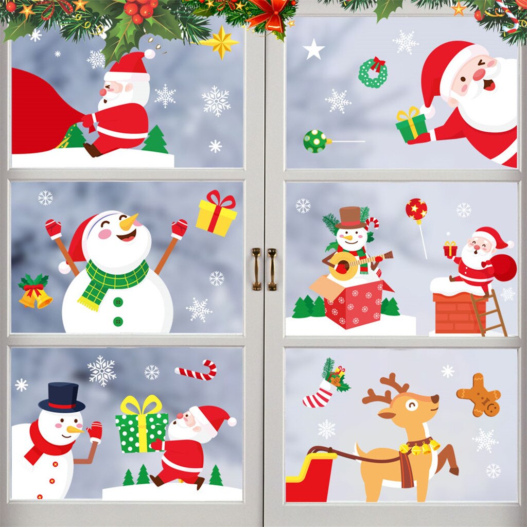 Christmas Electrostatic Stickers Snowflake Elk Set Door Window Glass Stickers Snowman Home Decor Decal Adhesive Year Glass