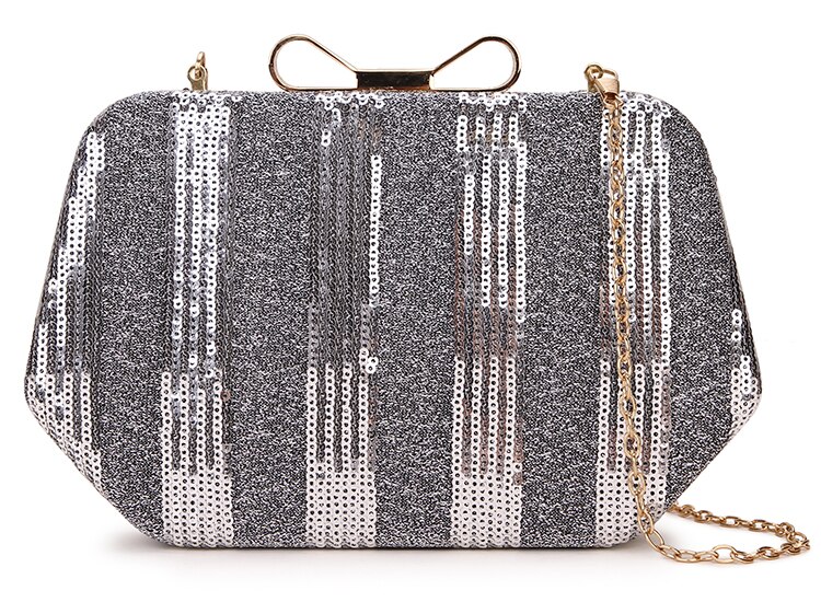 Luksus sommerfuglspenne kvinner paljetter stripete vesker og vesker fest bryllup clutch bag skulder kjede bag mini bolsa: Sølv