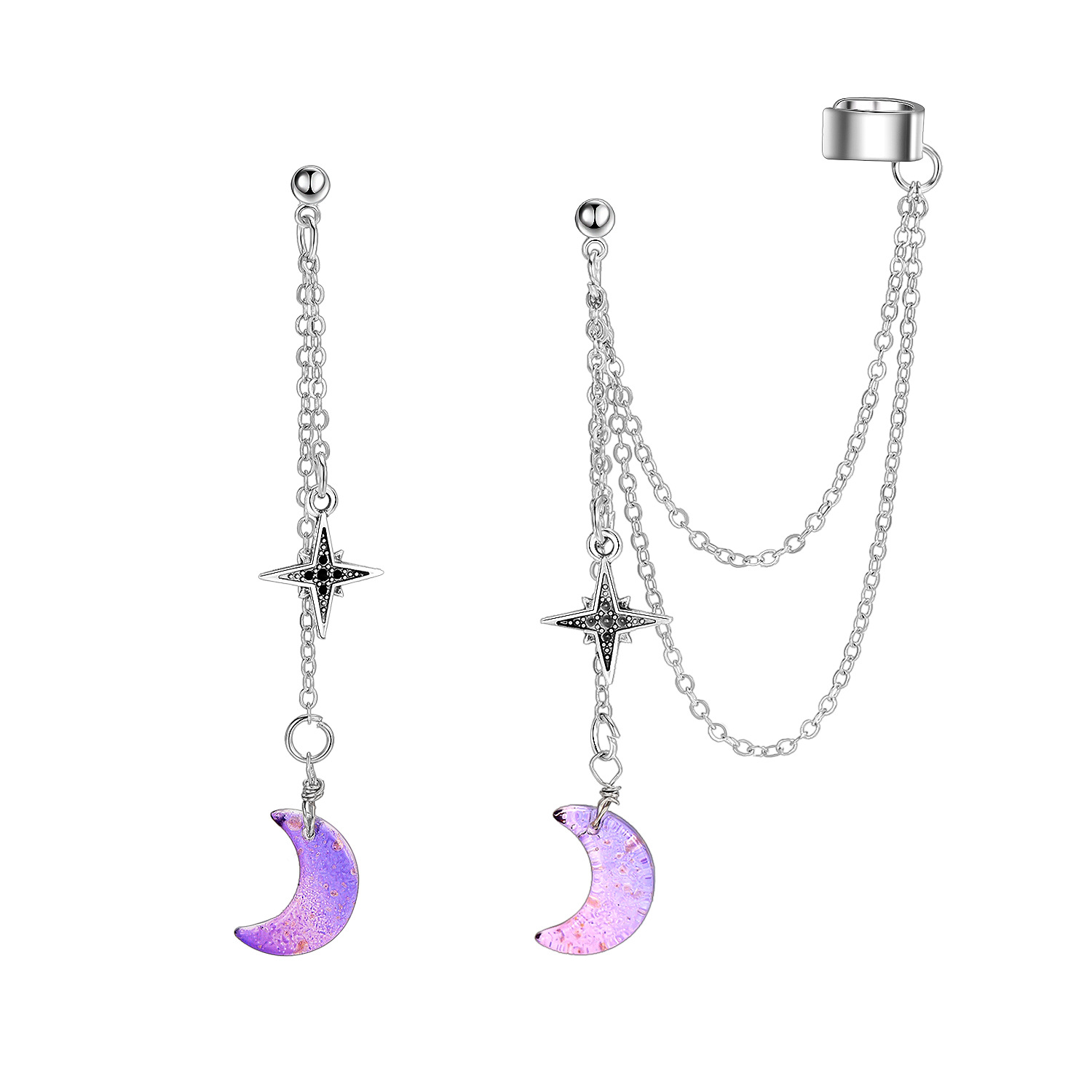 Nueva coreana, pendientes de aleación con forma de luna y estrella, pendientes morados de cristal con forma de estrella y Luna, pendientes asimétricos con diamantes de imitación para mujer, joyería: PLATEADO