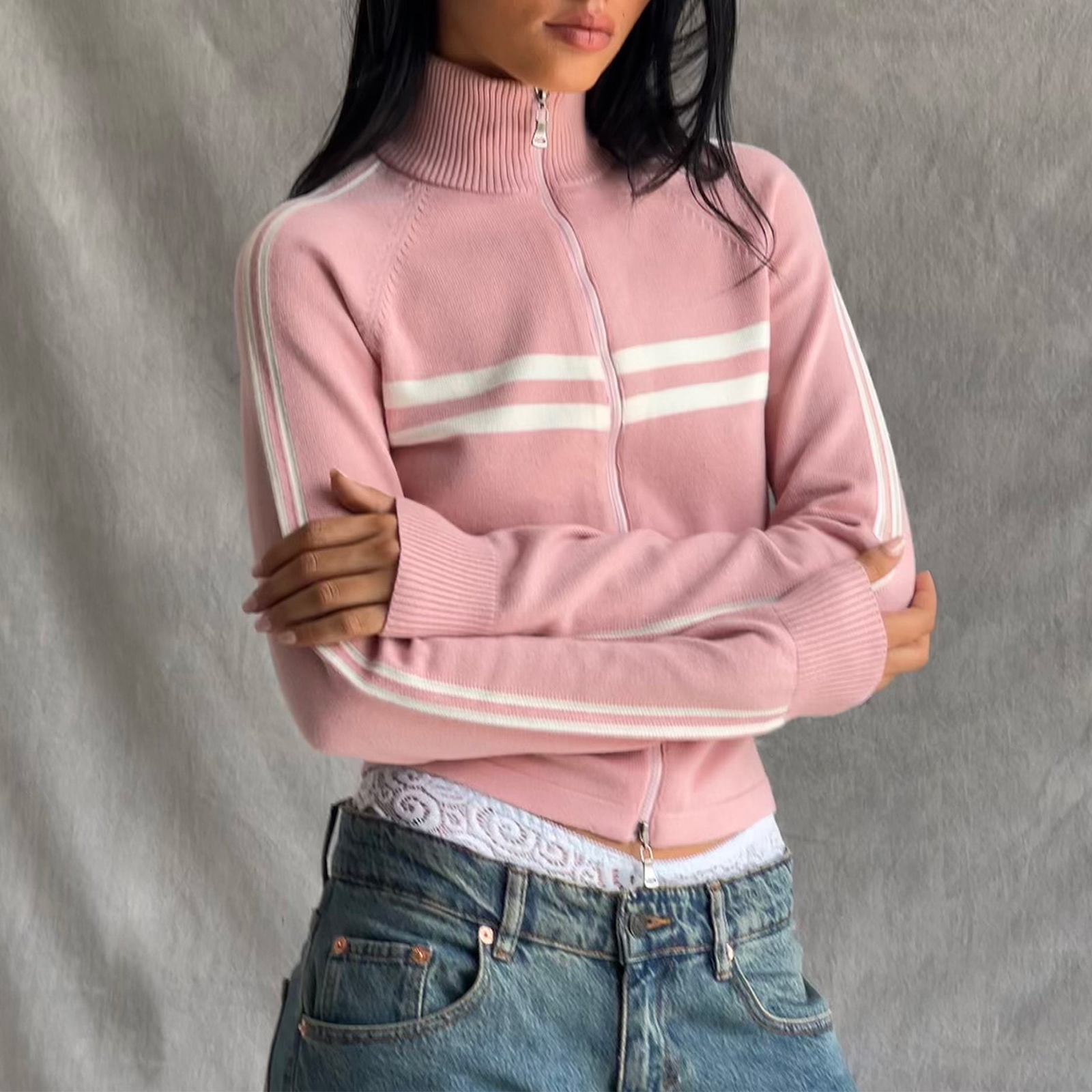 Frauen gerippte Strickjacke y2k Langarm Reiß verschluss Pullover Strickjacke Slim Fit gestrickte Ernte Hoodie Sweatshirt Streetwear: S / Rosa