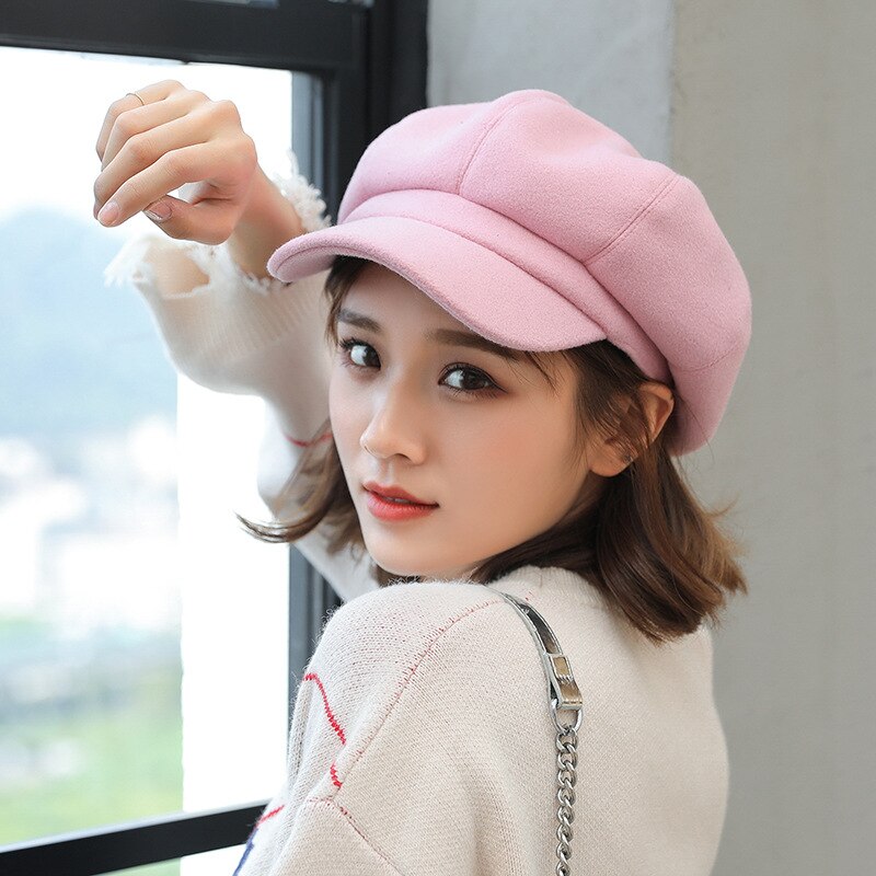 Newsboy Caps for Women Gatsby Cap Woolen Octagonal Baker Peaked Beret Driving Hat Female Sunscreen Hats Painter Tour Cap: pink