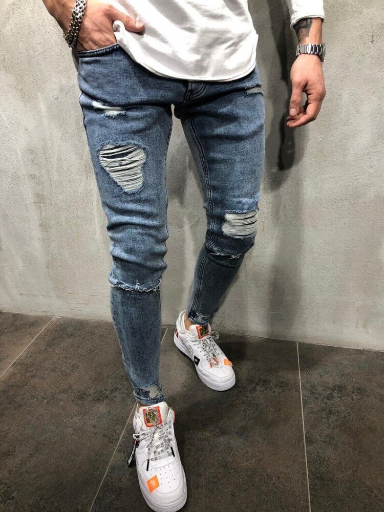 Ripped Skinny Jeans Mannen Blauw Potlood Broek Mannelijke Slanke Biker Denim Broek Gat Punk Casual Close-Fitting Broek