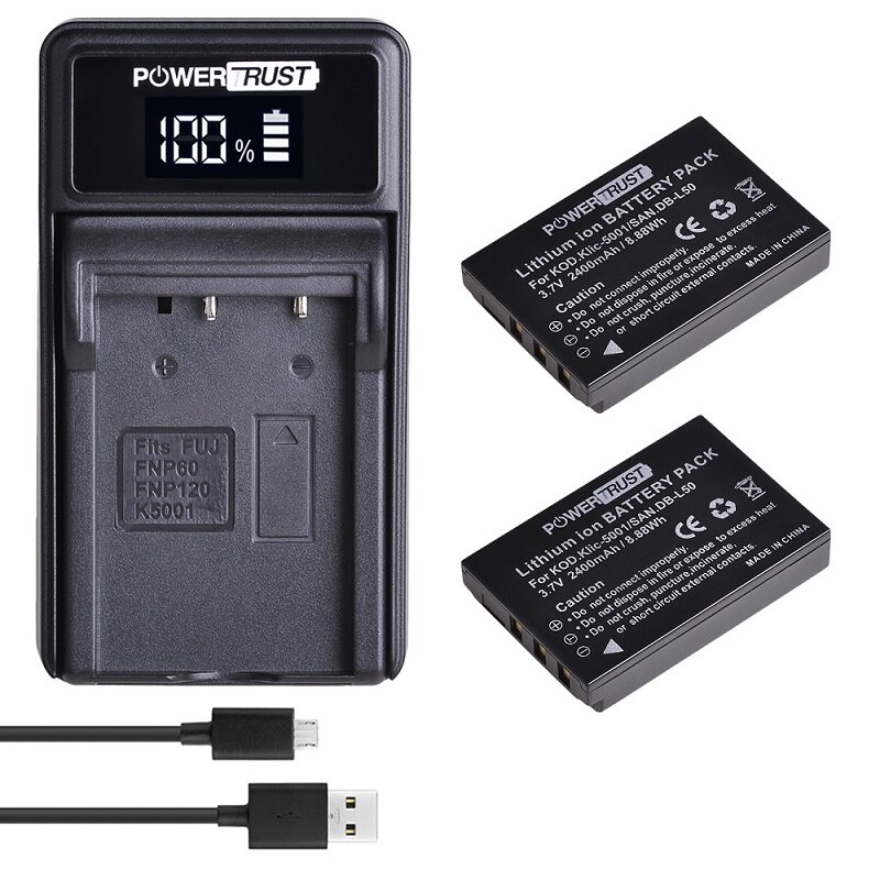 KLIC-5001/ DB-L50 Battery + Charger for Kodak KLIC-5001,P850 Z760 DX7590 DX7630, Sanyo DB-L50,DMX-FH1 FH11 HD1000 HD2000 Camera: 2 Pack Kit