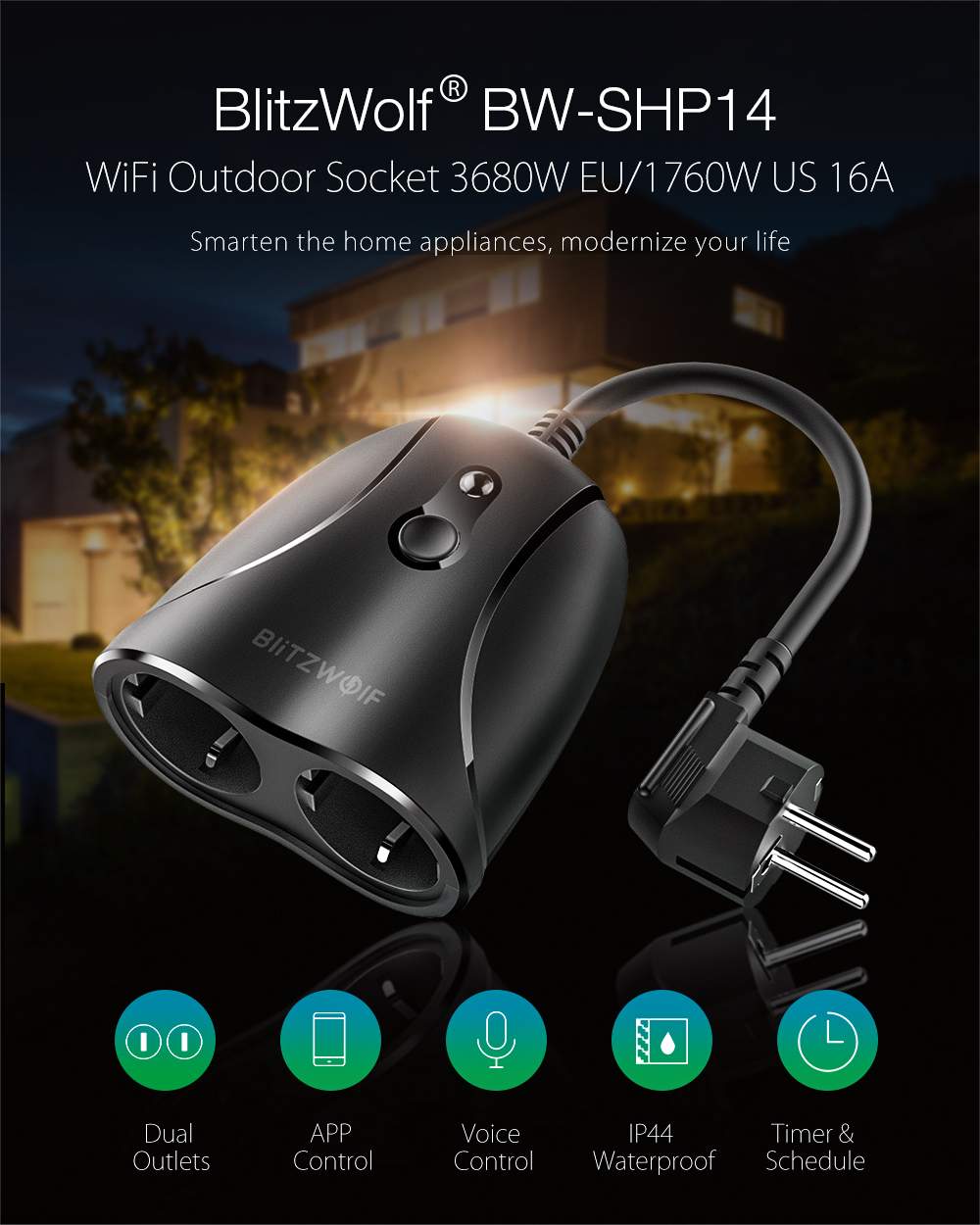 Blitzwolf tomada dupla BW-SHP14 16a, plugue inteligente ip44 wifi 3680w eu/1760w eua, controlador ao ar livre adaptadores de tomada