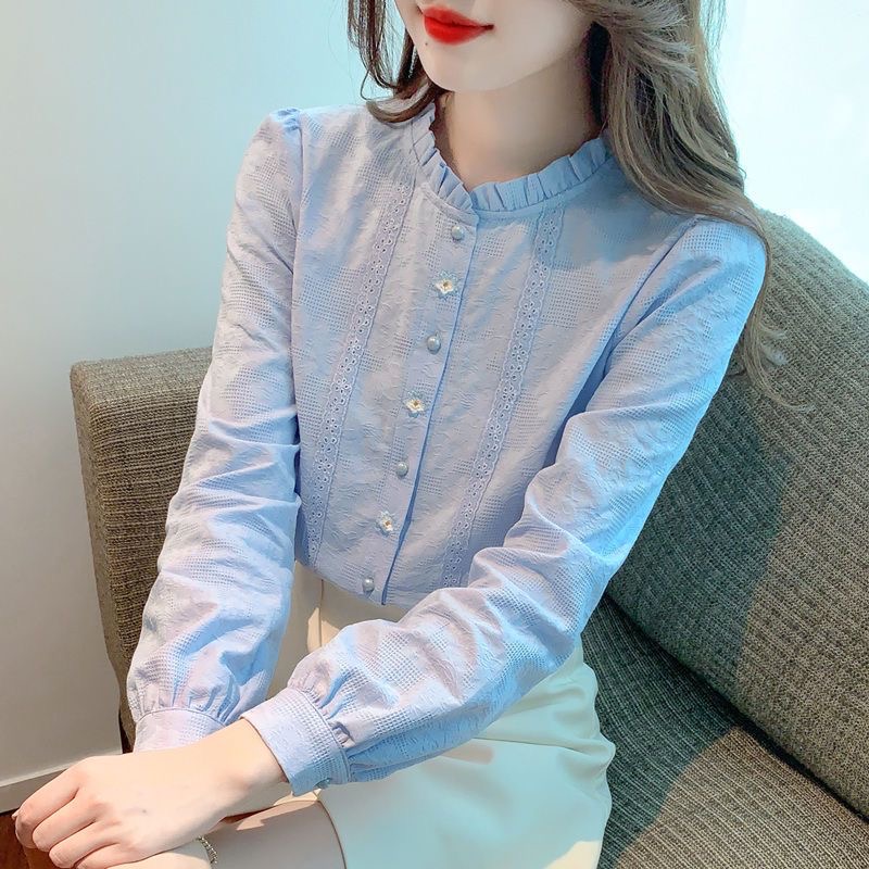 Blusas bordadas para mujer, camisas informales de manga larga con cuello levantado, Blusas de Color sólido, Tops DF4774: S / Azul
