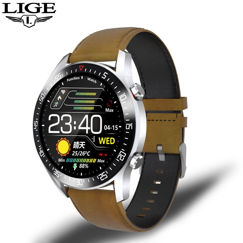 Lige tela de toque completa relógio inteligente masculino smartwatch para android ios freqüência cardíaca monitor pressão arterial à prova dwaterproof água relógios fitness: brown