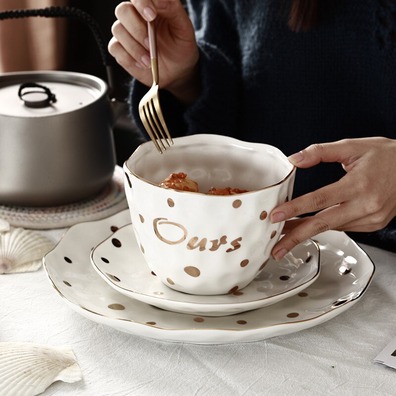 European Style Golden Wave Point Dinner Plate Ceramic Roundness Dish Salad Flat plate Steak Pasta Dish Home Restaurant Tableware