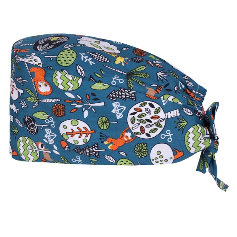 Dokter verpleegkundige katoenen werkmuts met zweetband verstelbare strik op de rug schattig cartoon dierenpatroon kalebasvormige bouffant scrub hoed h: -g