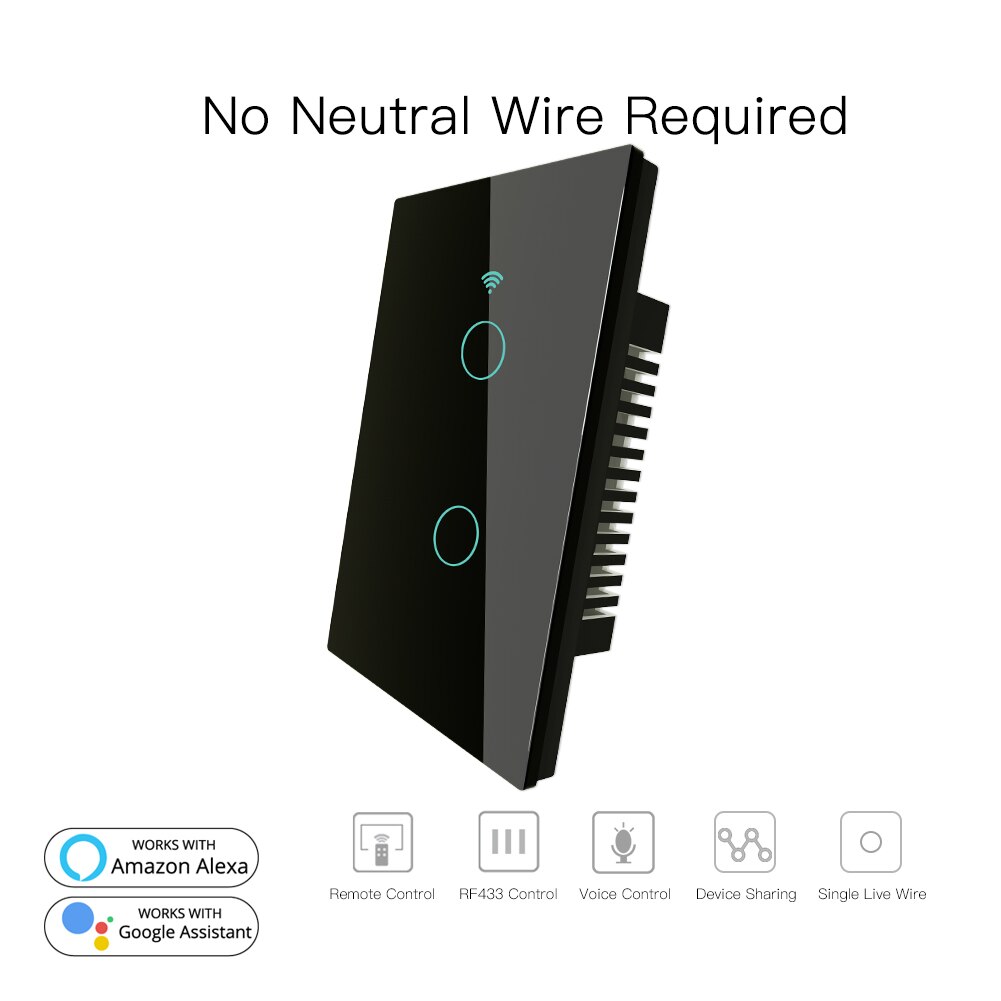 RF433 WiFi Smart Wall Touch Switch No Neutral Wire Needed Smart Single Wire Wall Switch Work with Alexa Google Home 170-250V: 2 Gang Black