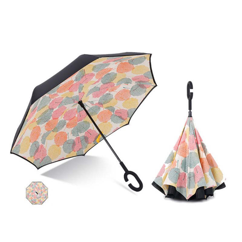 C Handle Windproof Reverse Folding Umbrella Man Women Sunscreen Rain Umbrella Double Layer Anti UV Self Stand Umbrella