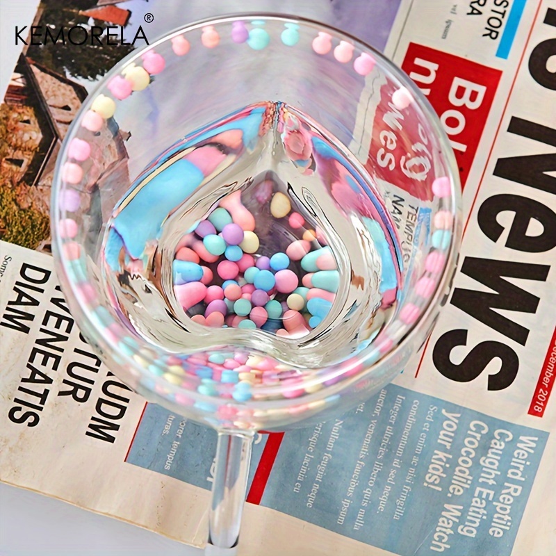 KEMORELA 1PCS Dubbelwandige Helder Glazen Koffiemok met Handvat Liefde Vorm Gekleurde Ballen voor Espresso Helder glazen Beker