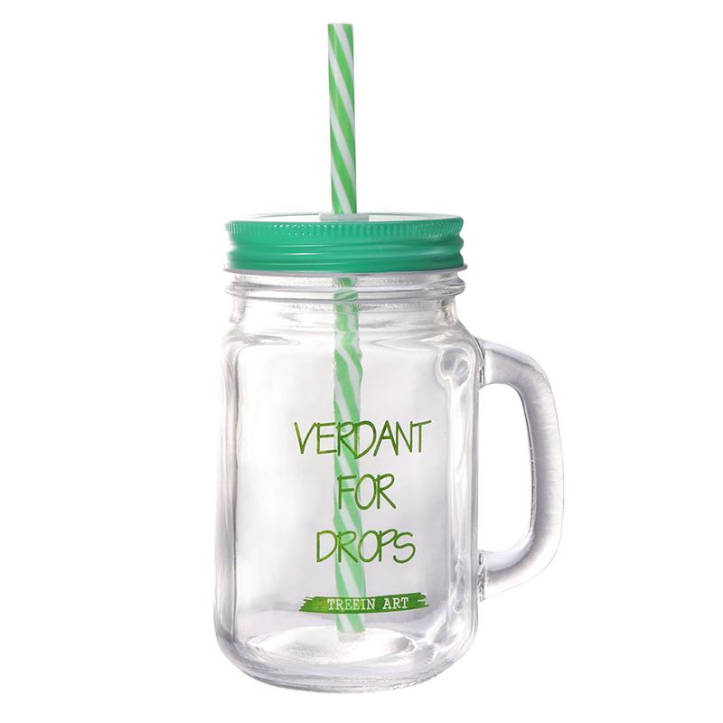 500ML Stro Mason Cup Zomer Draagbare Sap Cup Glas Drinken Beker met Stro Deksel: Green