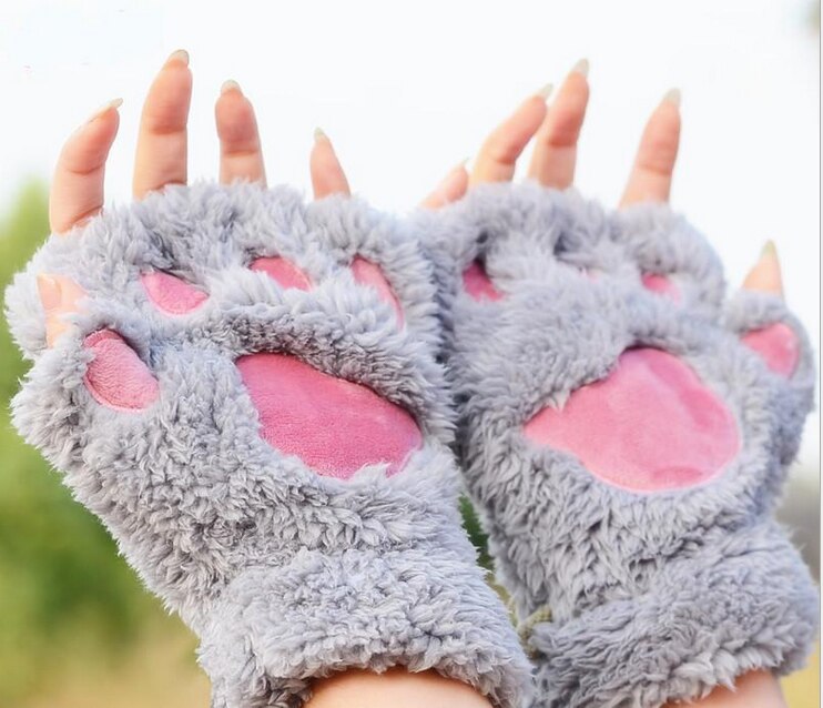 Cat Claw Gloves Winter Cute Cartoon Cat Girl Naked Gloves Thicker Fluffy Bear's Paw Half Finger Gloves: gray