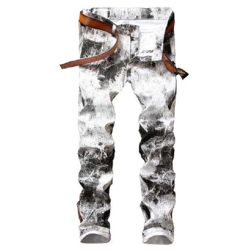 Heren jeans met print, punkstijl, gothic, zwart geverfd, dj club night, slim leg, coole witte jeans voor jonge mannen: 30