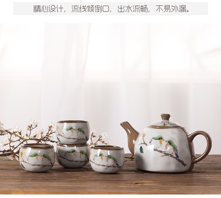 Japanese Style Hand Painted Cute Cat Teapot Ceramic Household Teacup Porcelain Office Kettle Kung Fu Drinkware Tea Set: Flowers and birds