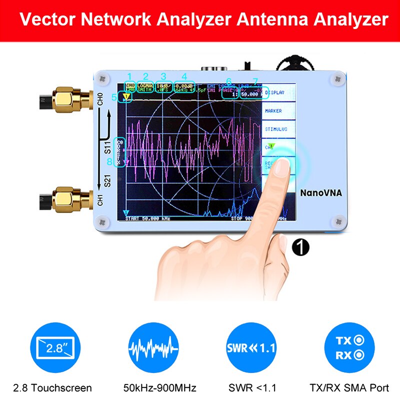 NanoVNA Vector Network Analyzer Antenna Analyzer Standing Wave 50KHz-900MHz Digital Touching Screen Shortwave MF HF VHF UHF