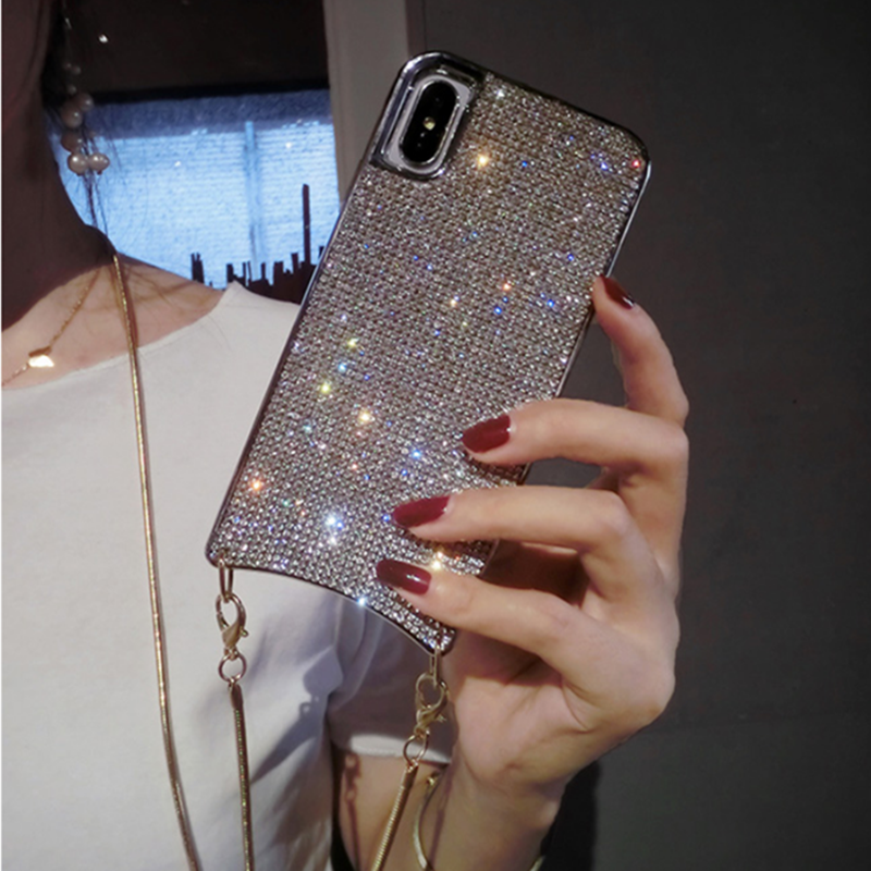 S10 plus przypadku Bling brokat kryształ górski diament Crossbody etui robić Samsung galaktyka S10 pokrywa dla kobiet z długi pasek metalu łańcuch