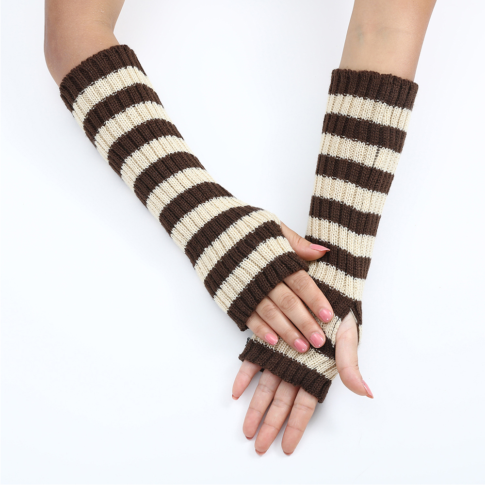 Women's Knitted Fingerless Arm Sleeves Gothic Style Striped Winter Long Arm Warmers Girls Harajuku Y2K Wrist Gloves