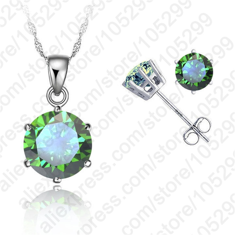 Classic 8 Colors Cubic Zirconia Genuine 925 Sterling Silver Jewelry Sets 6 Claws Stud Earring Pendant Necklace 18" Chain