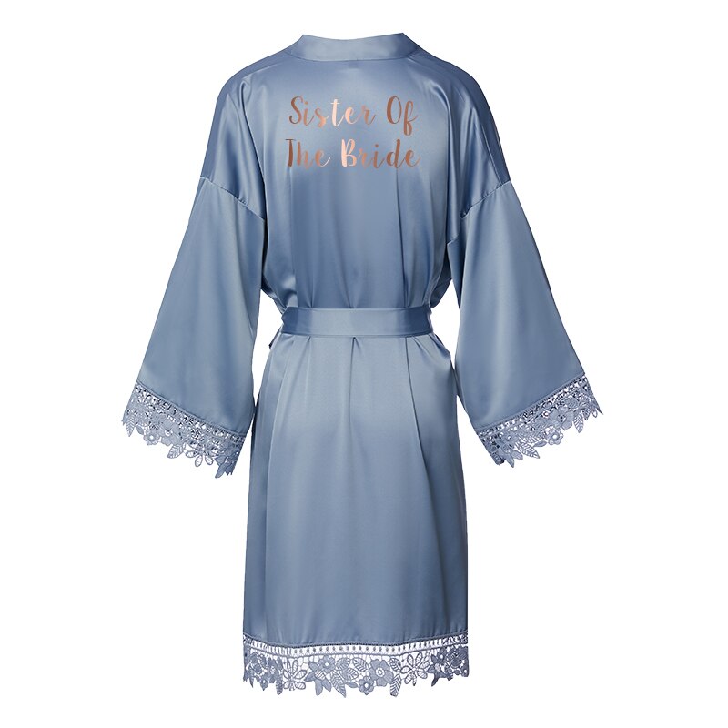 Dusty Blue Matt Satin Lace Robe with Trim Gown Bridal Wedding Bride Robes Bridesmaid Kimono Robe Bridal Robes: D blue sister bride / one size XL