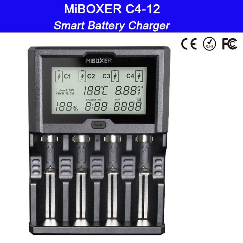 Miboxer  c4-12 12a 4 slots lcd-skærm smart batterioplader til li-ion/ni-mh/ni-cd/lifepo 4 18650 14500 26650 aaa aa batteri
