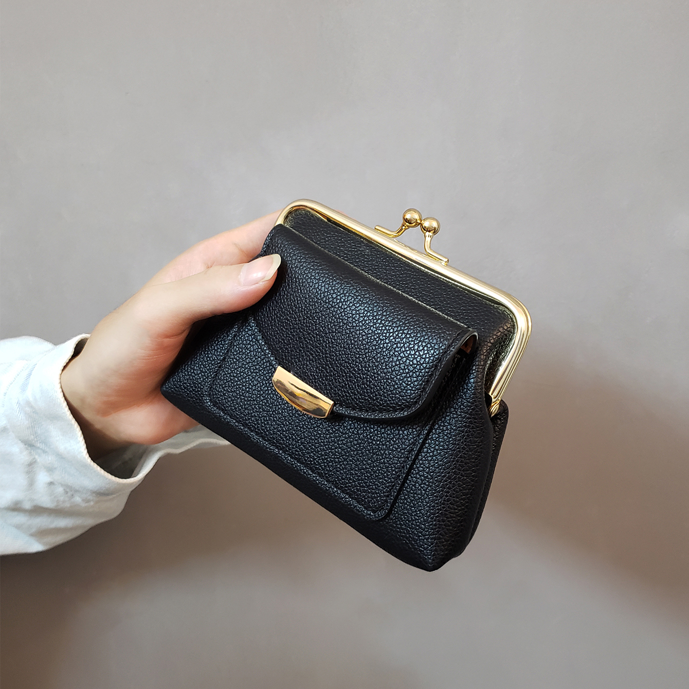 Vintage litchi-mønster håndveske lommebok dame kort søt trendy liten myntveske kortlommebok: Beige