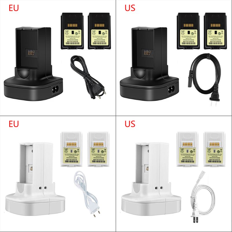 Dual Charger Charging Dock Station with Rechargeable Battery for X-box 360 Game Controller US/EU Plug Power Cord