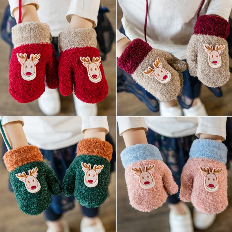 Belle 1-3 ans enfants hiver dessin animé papier cerf tricot mitaines garçon/filles épaissir velours tricot enfants doux gant A23