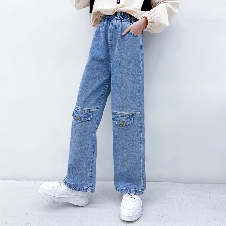 Pantalones vaqueros holgados de pierna ancha para Niña y Adolescente, ropa de Color sólido para niño de 5 a 14 años, novedad de 2022