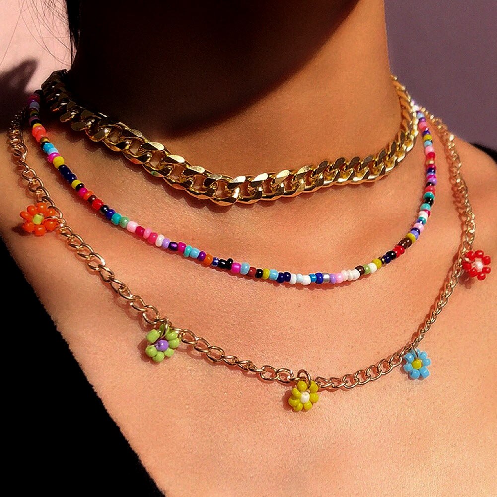 Collana di perline fiore margherita arcobaleno multistrato per donna cubana catena robusta girocollo Set gioielli bohémien regalo per feste Femme