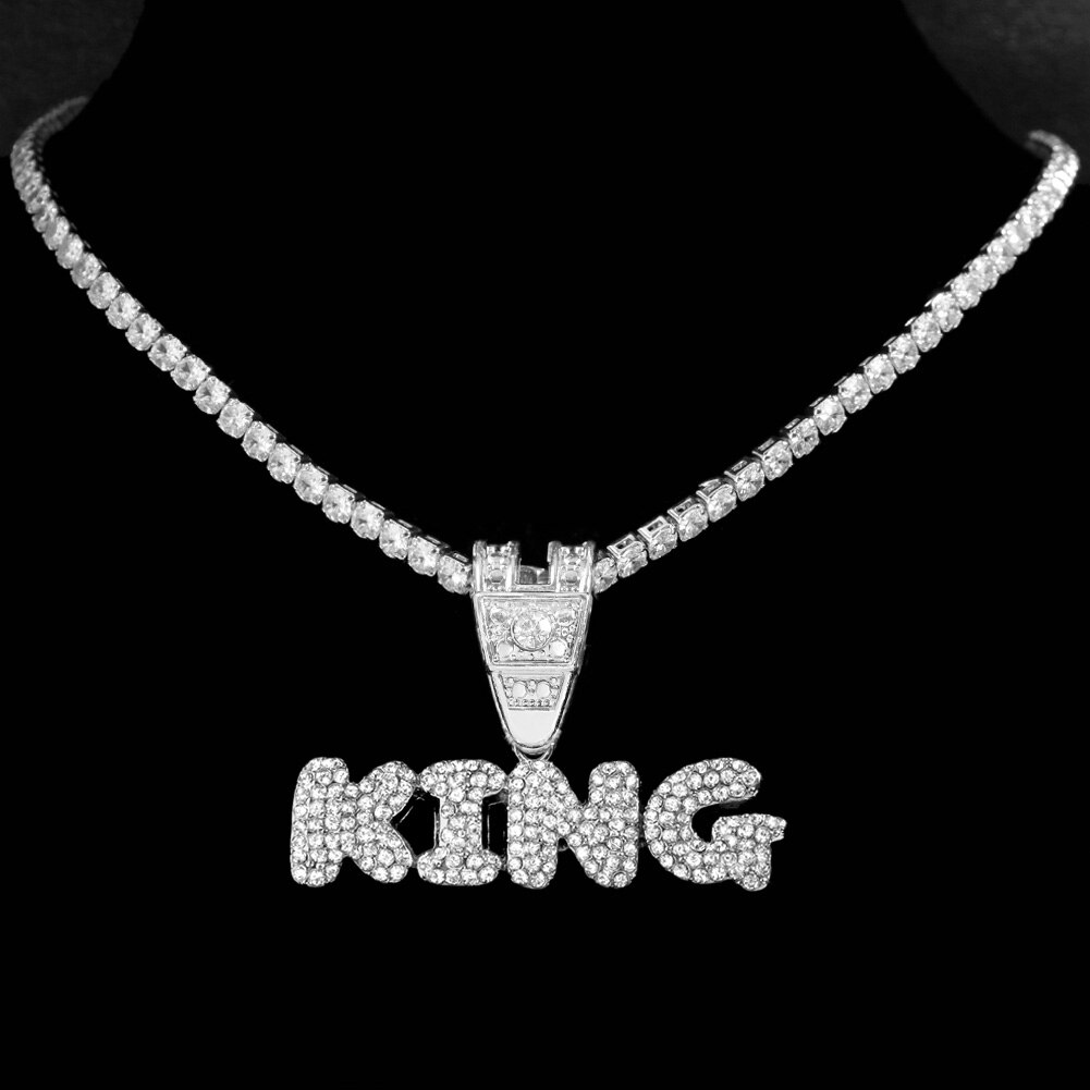 Stainless steel/Zircon Chain Necklace Iced Letter KING Pendant Chain Necklaces For Women Men HipHop Party Male Jewellery: Zircon chain SL / 20inch (51cm)