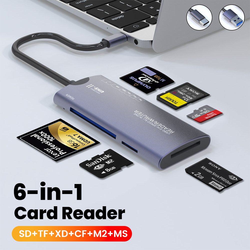 Elough 6-in-1-Kartenleser SD TF XD CF M2 Speicherkartenleser USB-Adapter Typ C Hochgeschwindigkeits-Datenübertragungskartenleser für Laptop