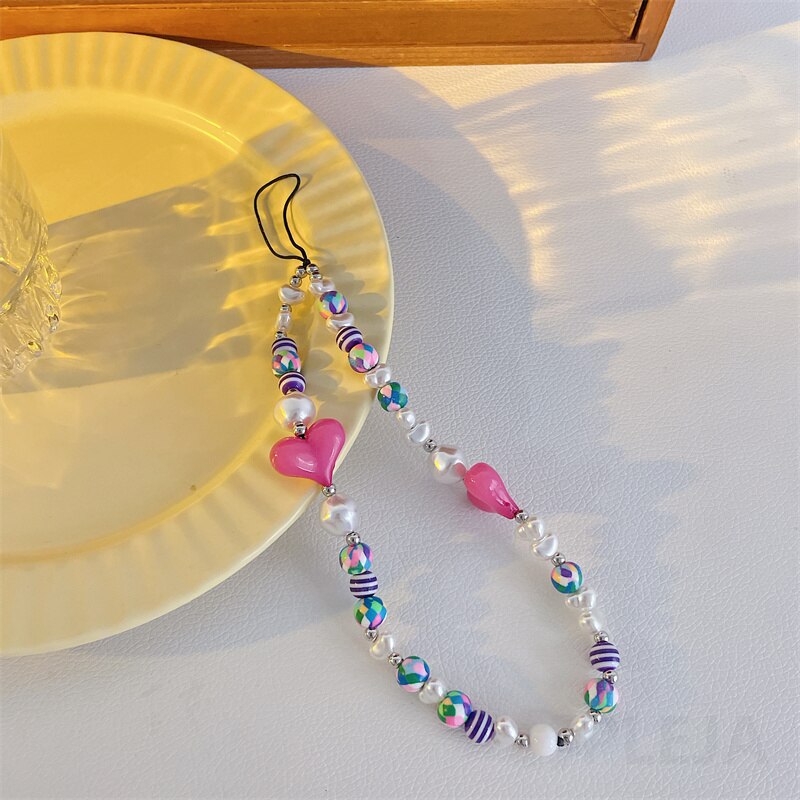 Mode Liefde Hart Mobiele Telefoon Riemen Voor Iphone 11 12 13 Pro Max Armband Hanger Leuke Sleutelhanger Ornament Parel Hand touw Ketting: DS346-4