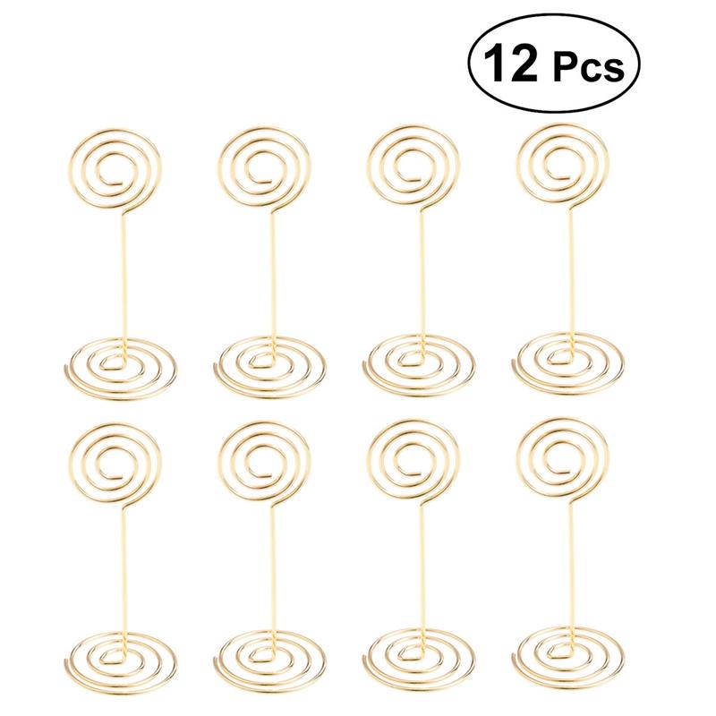 12Pcs Photo Holder Stands Tafel Nummer Kaarthouders Plaats Kaart Papier Menu Clips Mosquito Coil-Vormige Reiziger Base zadelklem: Golden