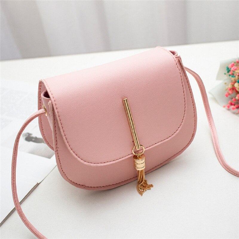 Women PU Leather Solid Hasp Shoulder Messenger Bags Lady Mini Fringe Tassels Shell Handbags: Pink