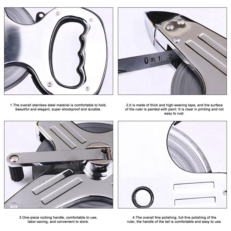 Metric 30M Portable Stainless Steel Shelf Ruler Thick And Durable Hand Crank Steel Frame Ruler Tape Measure