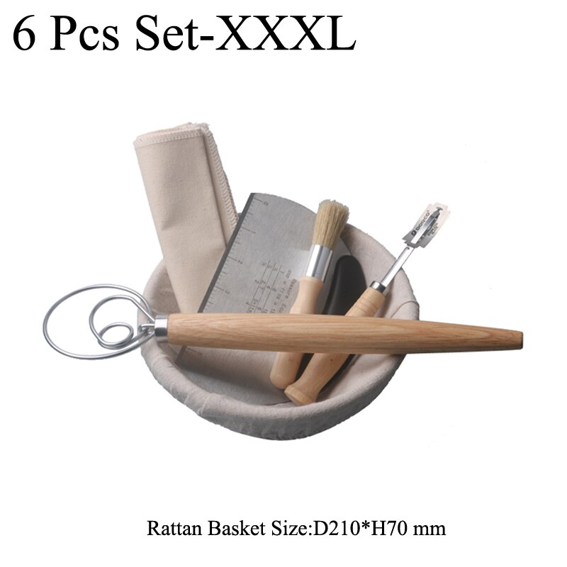 Banneton-herramientas para panadero de pan de campo europeo, cesta redonda de mimbre a prueba de agua, juego de 6 piezas con cepillo delineador, espátula para masa: Round 6pcs Set-XXXL