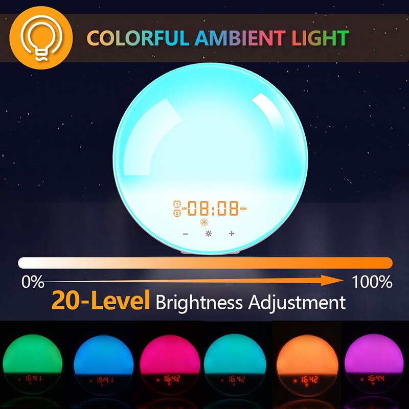 Réveil intelligent avec alarme WiFi, avec lumière de jour, 7 couleurs, pour le lever/coucher du soleil, fonctionne avec Alexa et Google