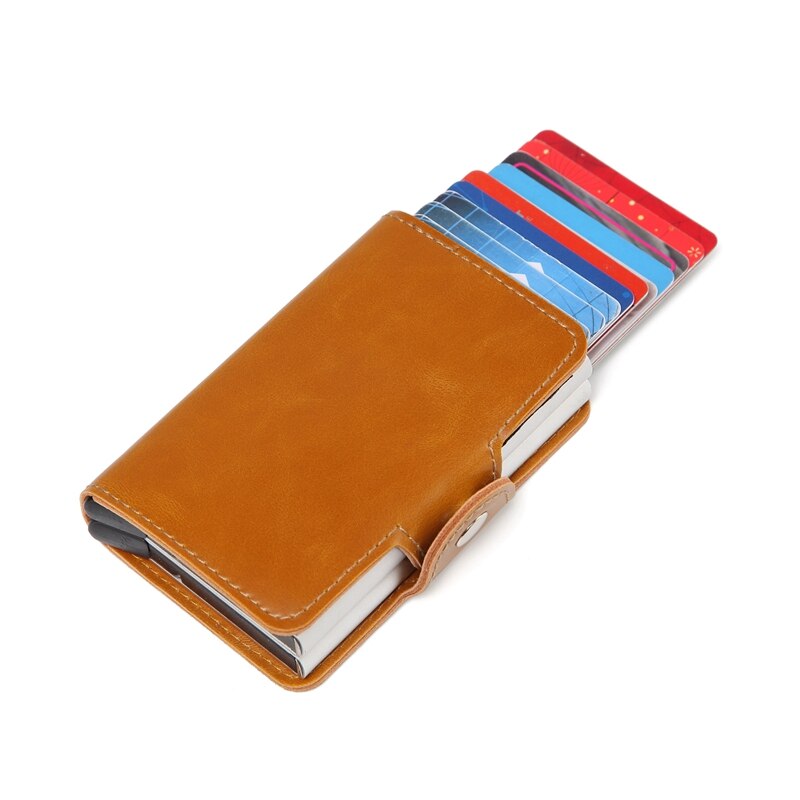 Cartera doble de aluminio para hombre, tarjetero de cuero para tarjetas de crédito RFID, billetera de Metal automática saliente, monedero antirrobo, tarjetero de negocios: Naranja