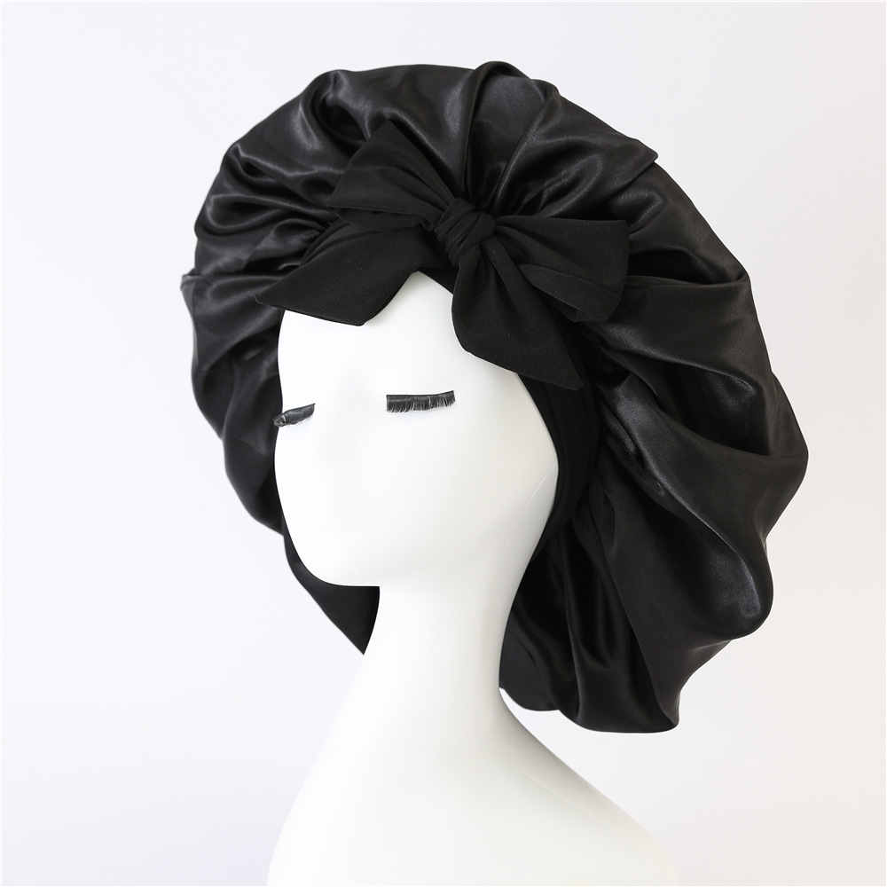 Slaaphoed Vrouwen Satijn Effen Nachtrust Cap Haarverzorging Motorkap Slaapmuts Voor Vrouwen Mannen Unisex Cap Motorkap De Nuit Douche Tulband: Black