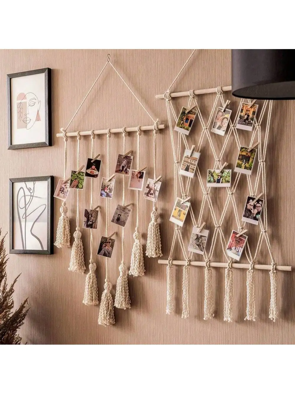 Bohemian Photo Wall Material Kit with 10 Clips, Tapestry Handmade Rope Photo Decoration Wall Hanging Birthday Graduation