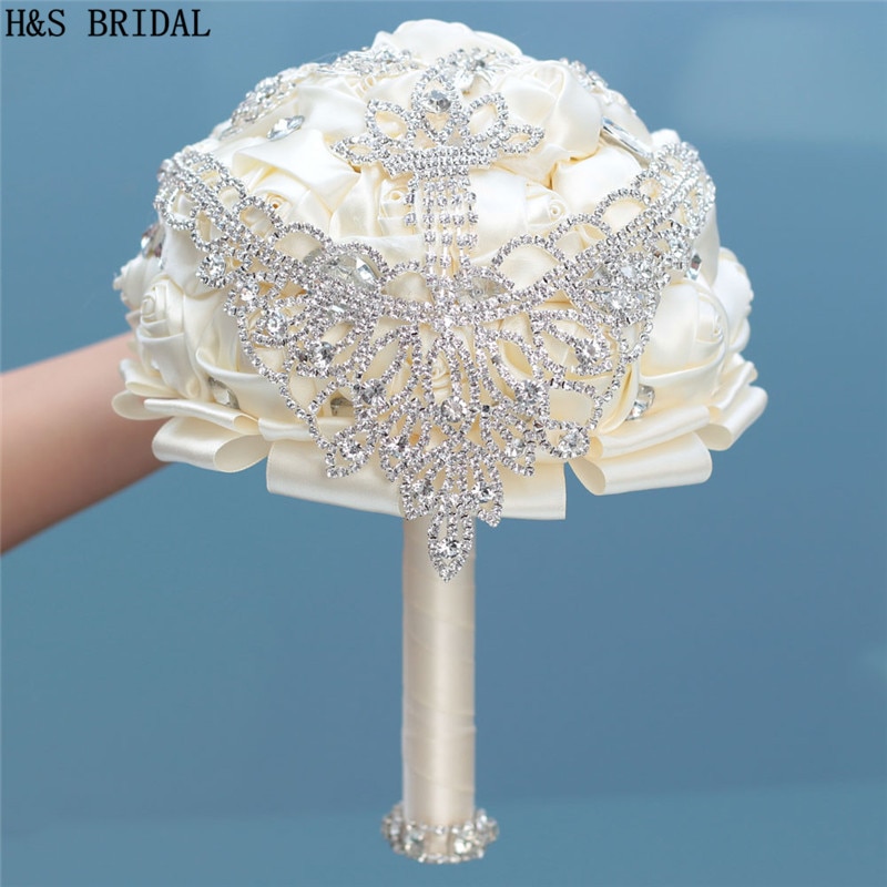 H&amp;S BRIDAL Ivory Crystals Crown Wedding Flowers Crystals Bridal Bouquets Artificial Wedding Bouquets buque de noiva